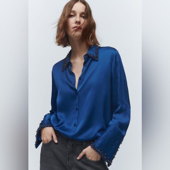 ZARA RHINESTONE SATIN EFFECT SHIRT - Picture 1 of 9